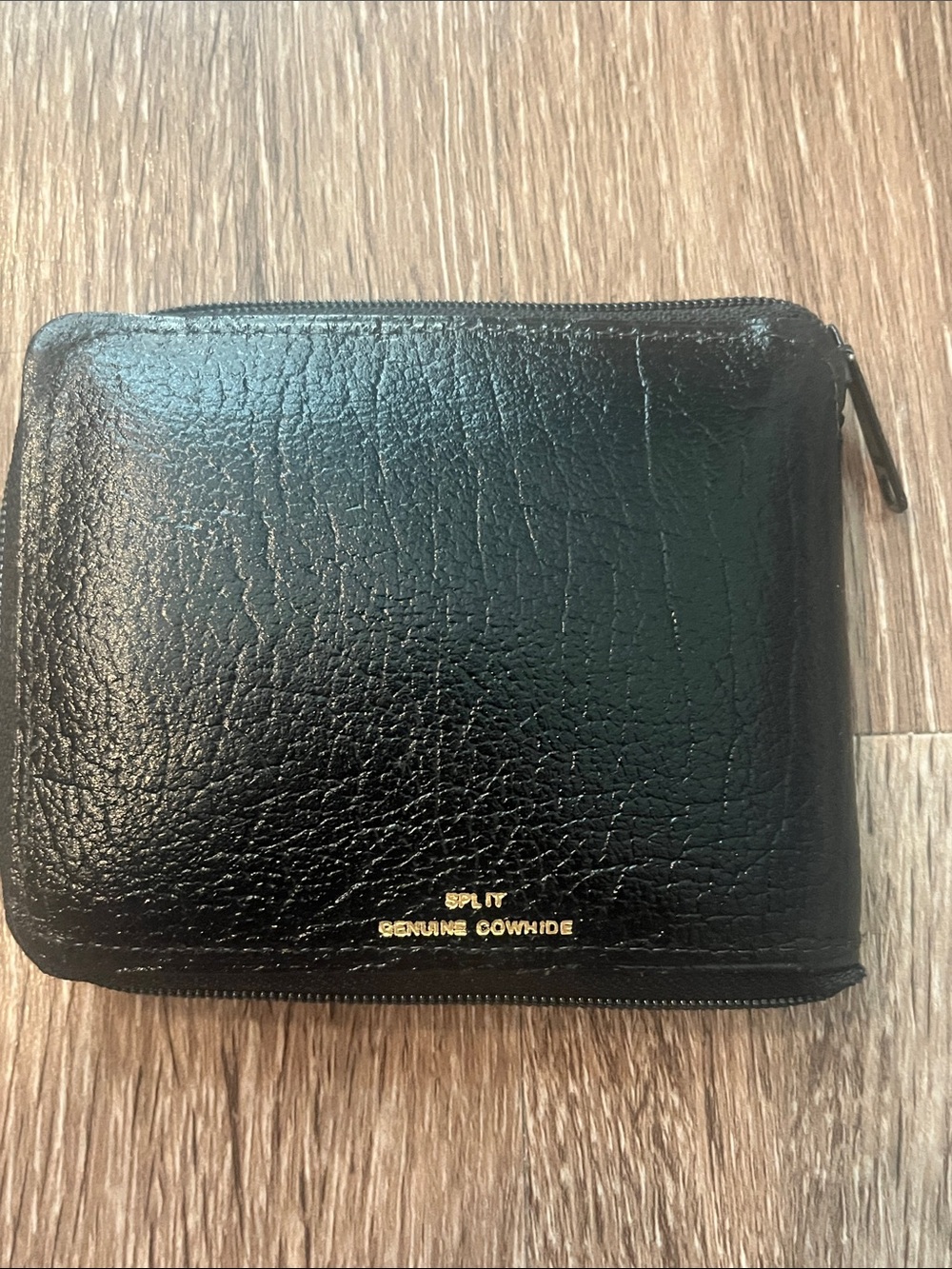 split Black Leather Zip-Around Wallet with Gold Accents